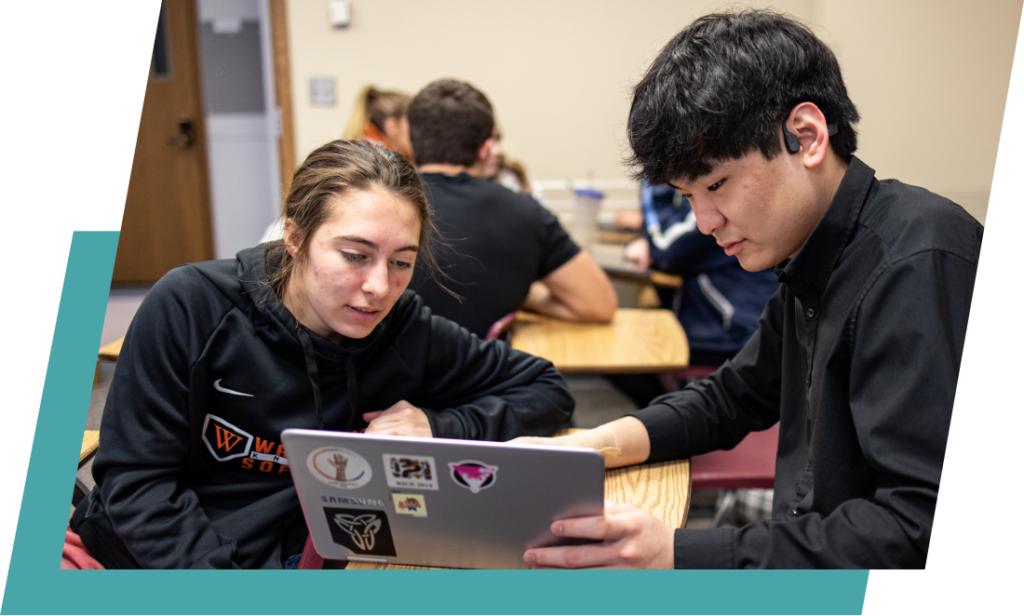 2 students looking at laptop